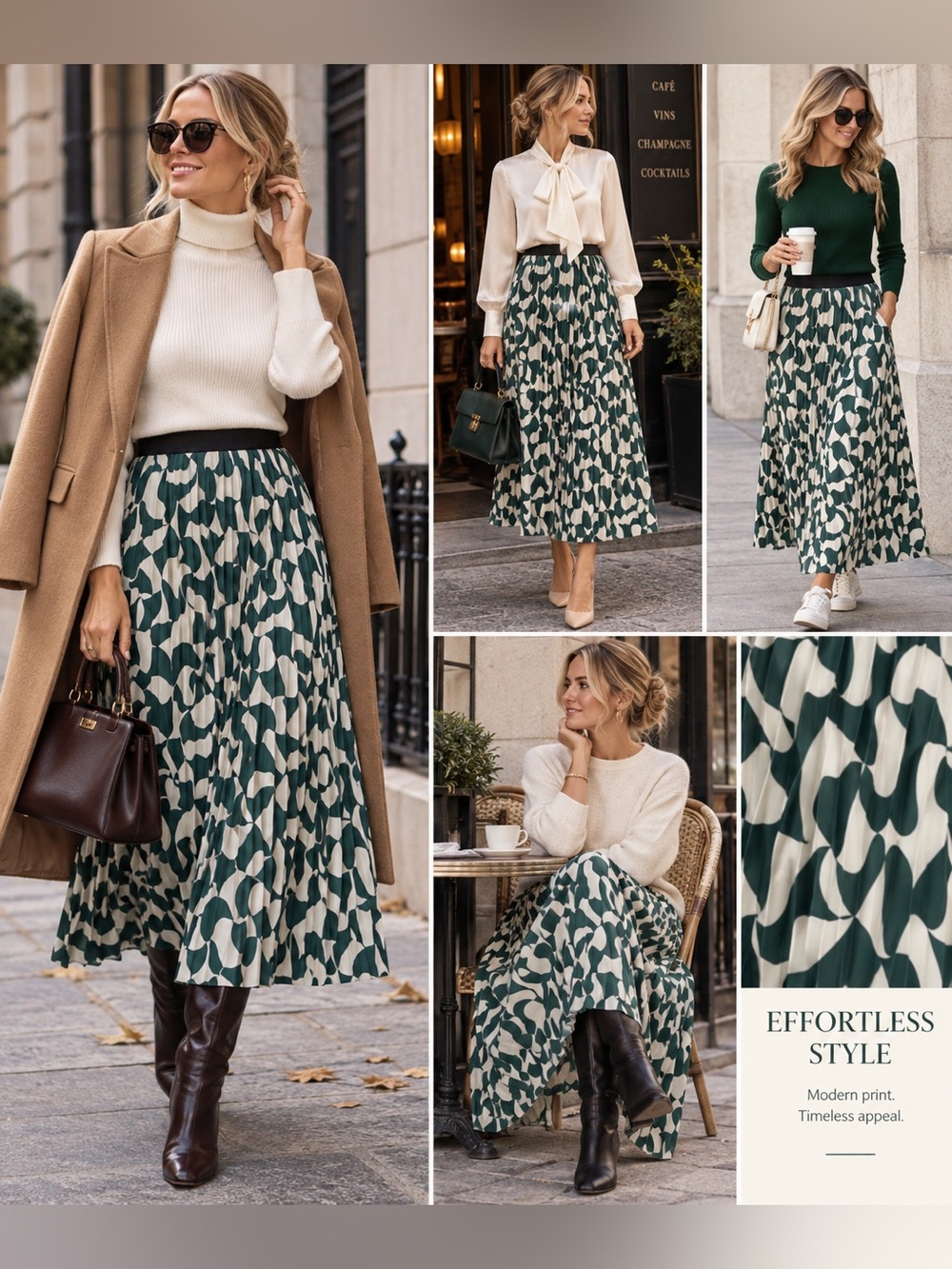 Pleated Green & Cream Abstract Print Maxi Skirt